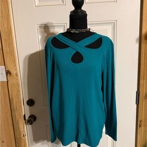 Cato Teal Blouse with Black Cutout Accents